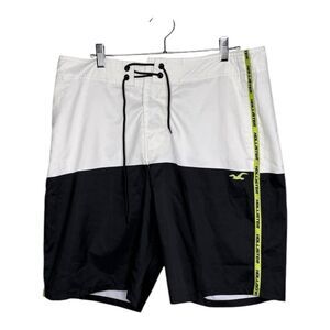 Hollister board shorts tie waist size 34 white black neon yellow NWT